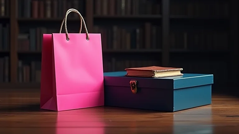 図書館の床に置かれたピンクのギフトバッグと、青い保存箱の上の古い革装のノート