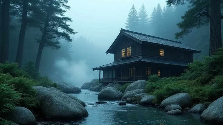 霧の山あいの古い温泉宿